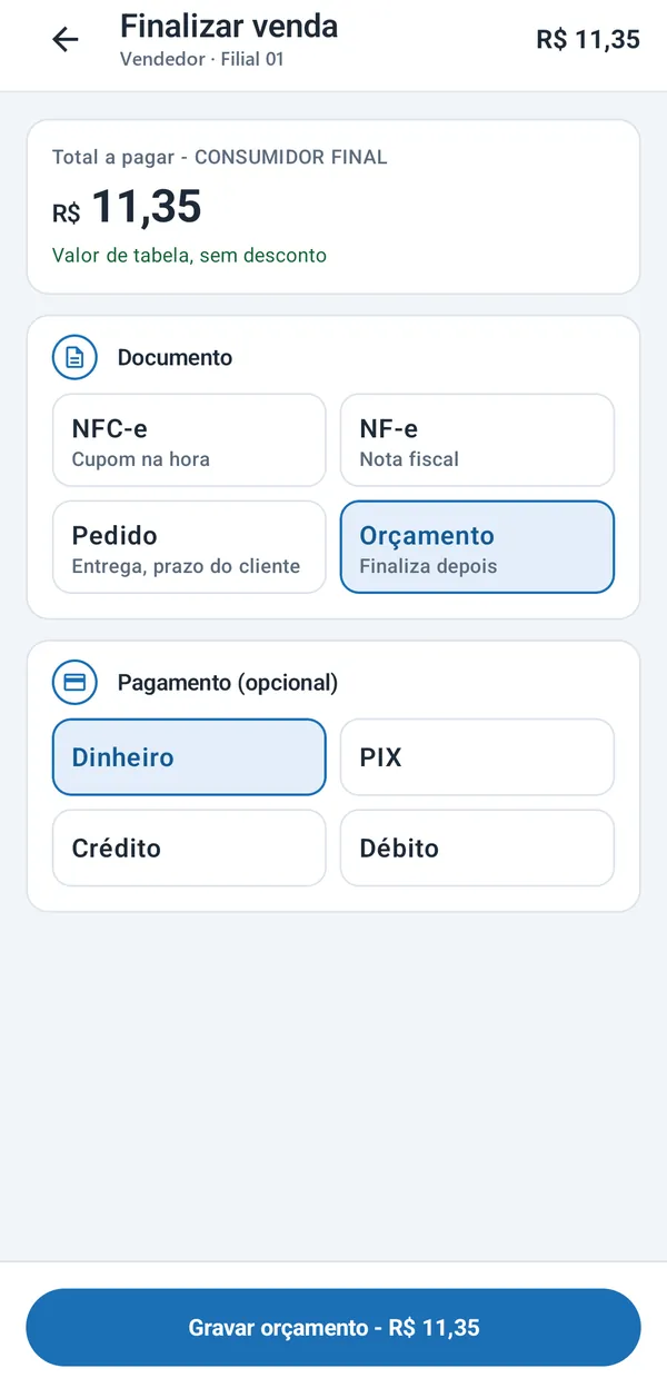 App Caixeiro, tela Finalizar venda: total de R$ 11,35, escolha do documento entre NFC-e, NF-e, Pedido e Orçamento, e forma de pagamento entre Dinheiro, PIX, Crédito e Débito.