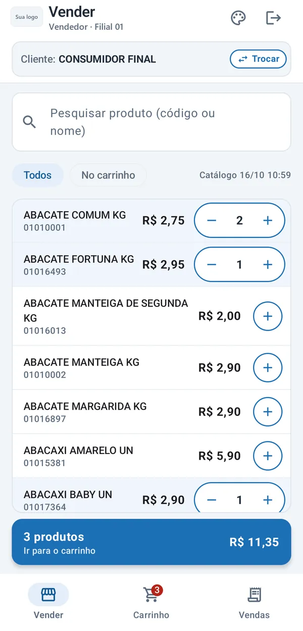 App Caixeiro, tela Vender: cliente Consumidor final, pesquisa de produto e lista com preços e botões de quantidade; barra azul com 3 produtos e R$ 11,35.