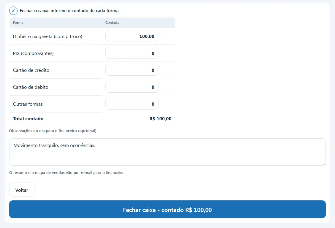 Fechamento cego no Caixeiro Balcão: valores contados de dinheiro, PIX, cartão de crédito, cartão de débito e outras formas, total contado de R$ 100,00, observações para o financeiro e o botão Fechar caixa.